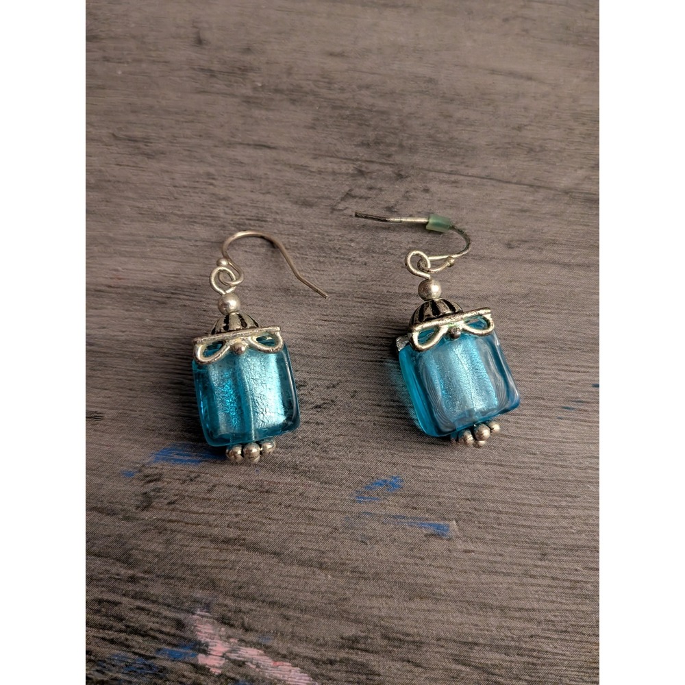 Avon Turquoise Blue Foil Glass Rectangle Drop Earrings Silver Tone Bow Accents